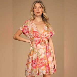 Free People Womens Pink Floral Freddy Tie Fruit Punch Boho Mini Dress Small